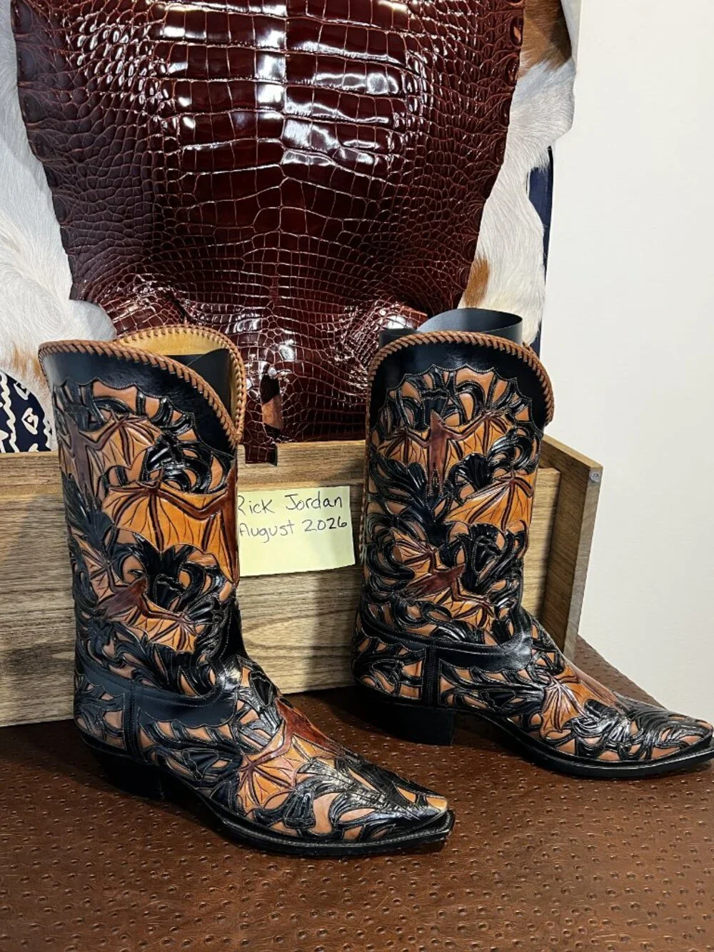 Famous Liberty Boot Co. Full Tooled Bats Cowboy Boots with Regal Braiding 11D